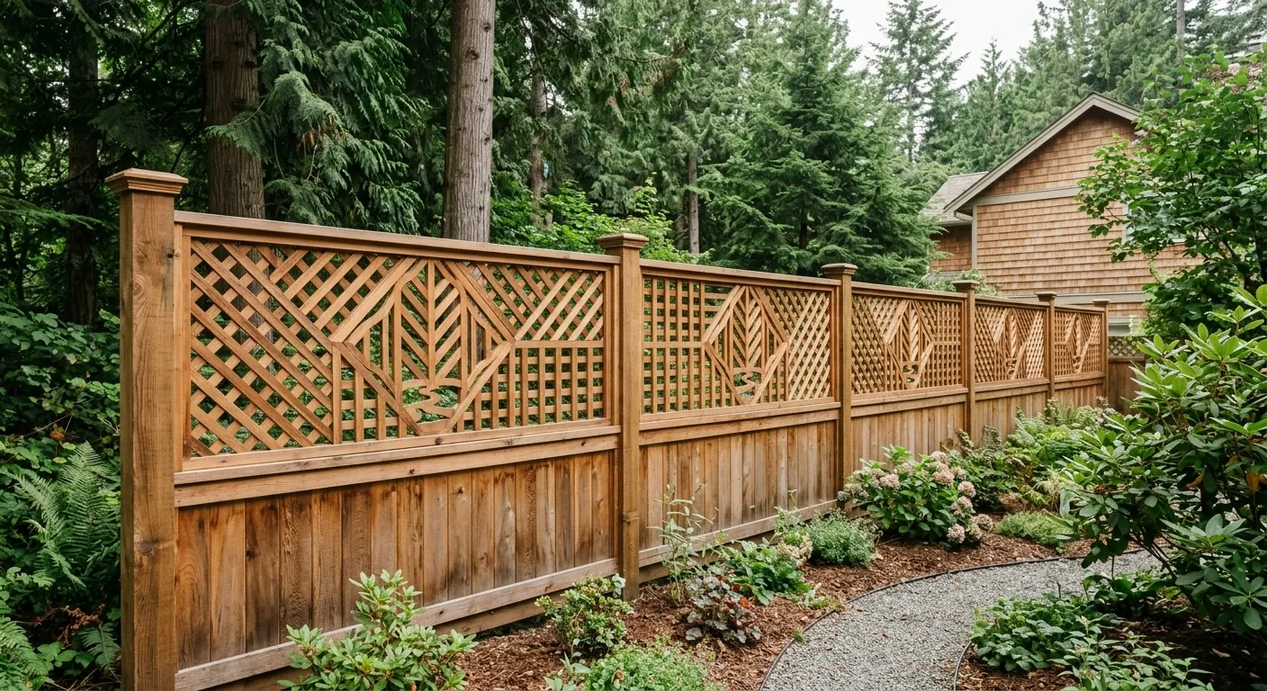 Custom designed cedar lattice top privacy fence in British Columbia home