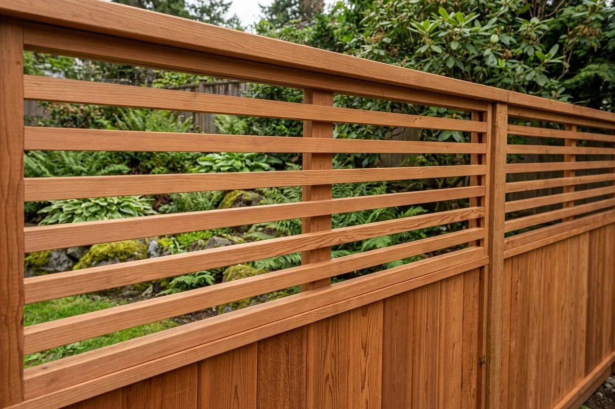 Modern horizontal plank lattice top cedar fence in Fraser Valley BC