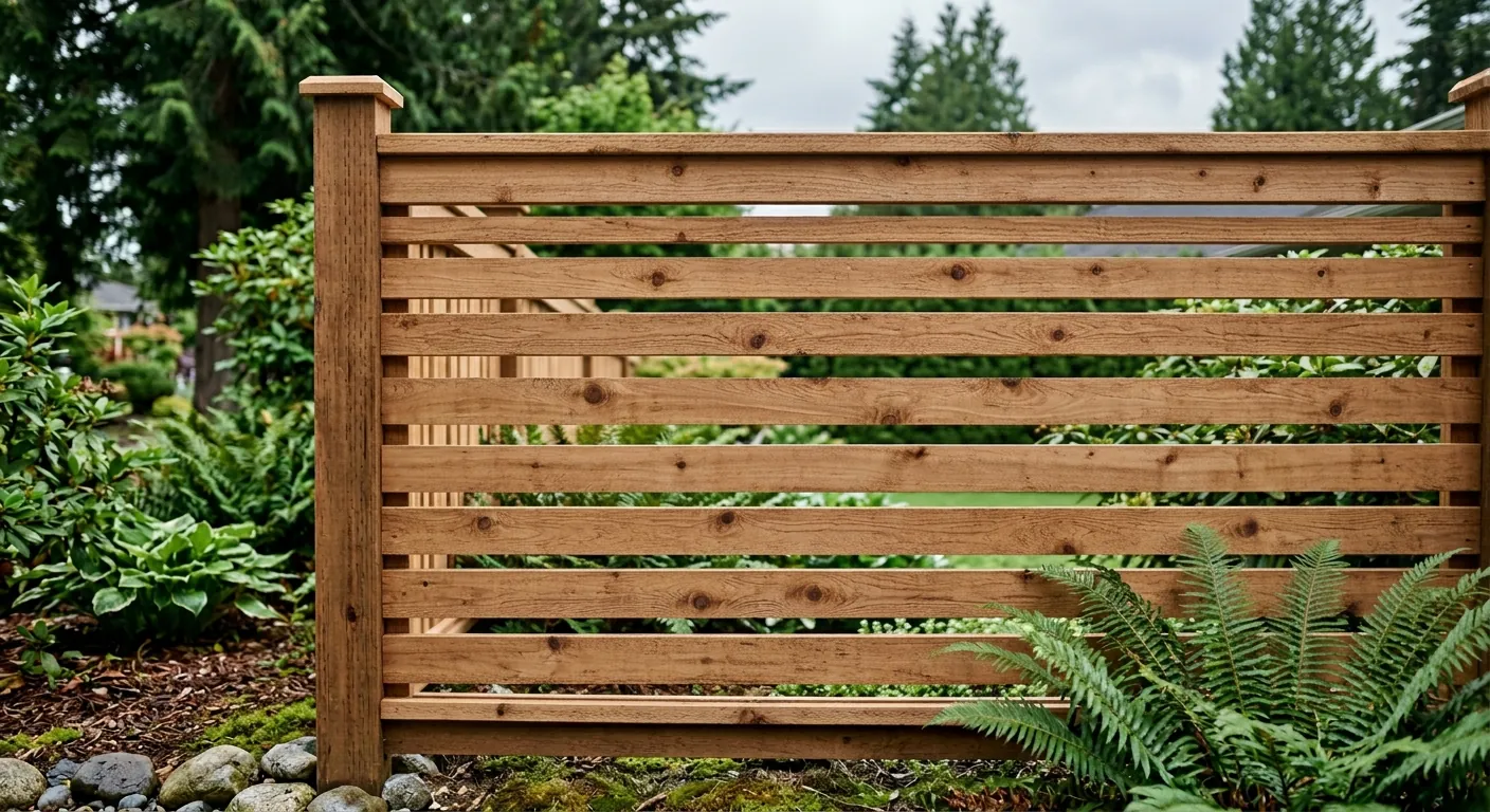 Modern horizontal cedar slat semi-privacy fence in British Columbia yard