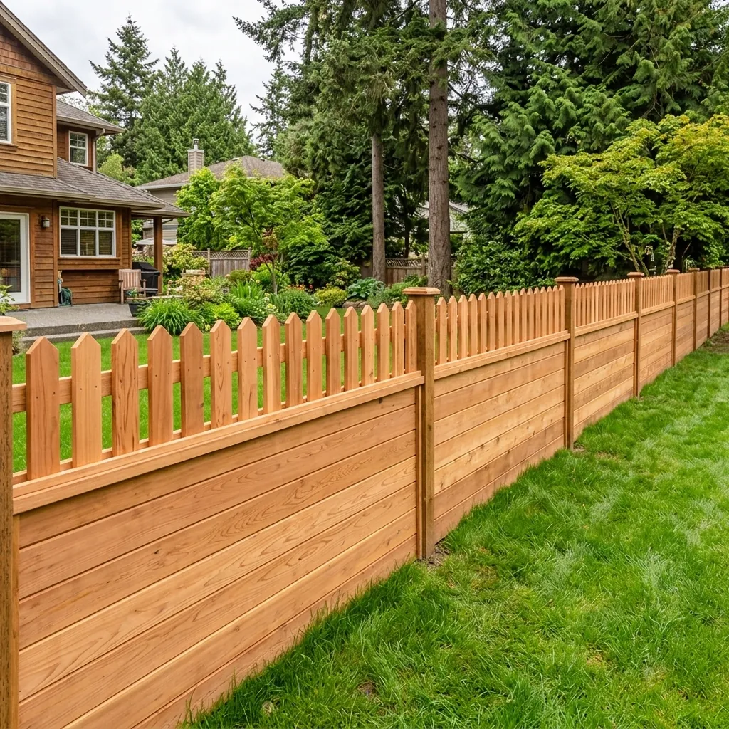Picket top cedar fence with alternating peaked boards in British Columbia