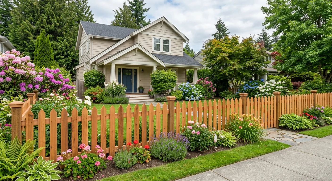 Cedar picket fence installed in yard in British Columbia