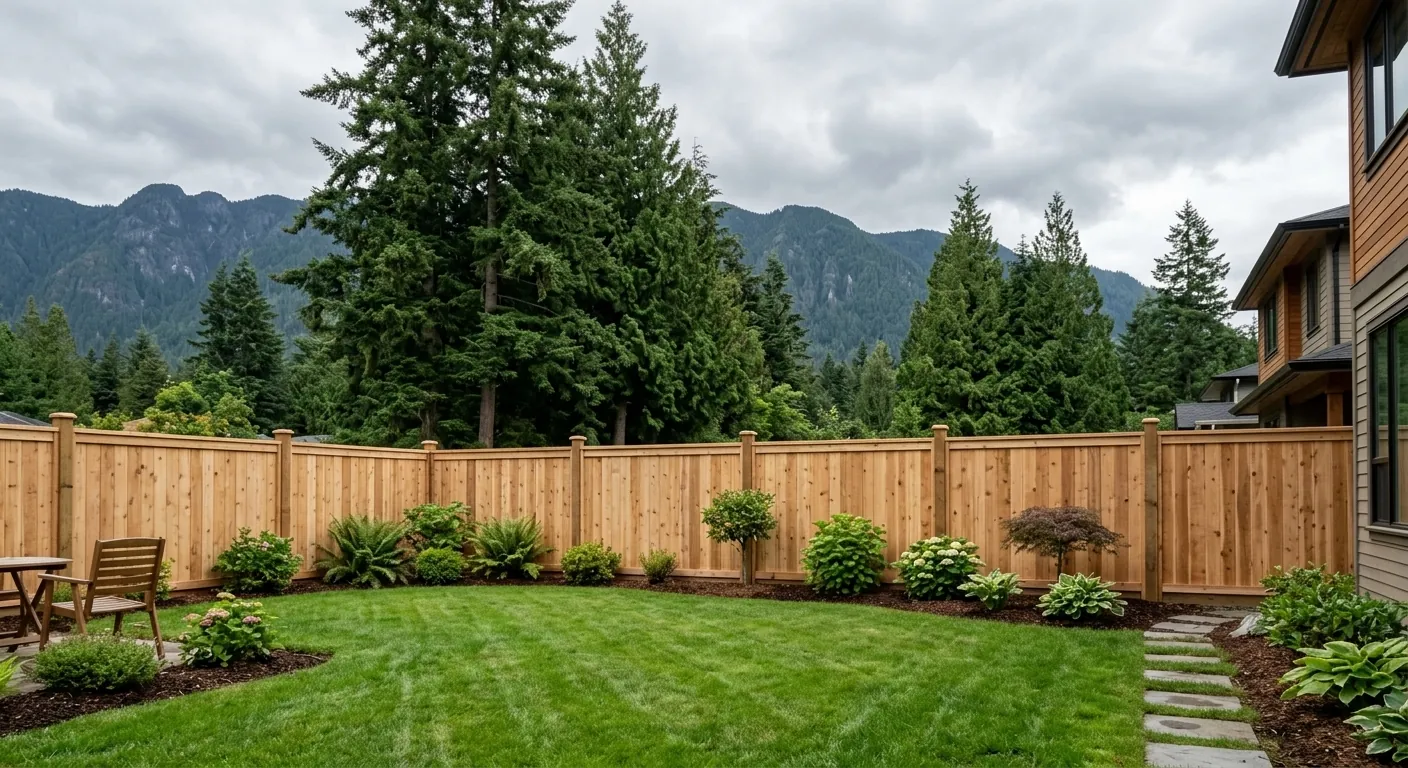 Custom cedar privacy fence installed in Fraser Valley BC backyard