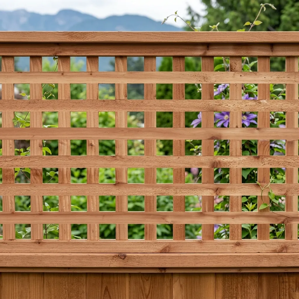 Traditional square lattice top cedar fence in BC residential yard